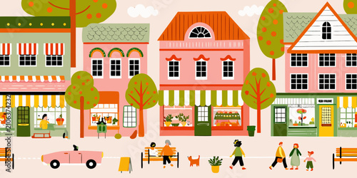 Quadro su tela Colorful street scene illustration with storefronts and pedestrian figures