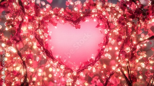 Heart Shaped Twig Garland with Red Leaves and Fairy Lights for Valentine's Day
