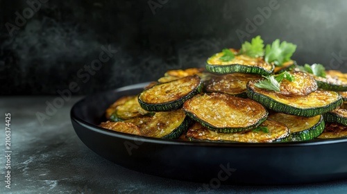 Steaming Bowl of Golden Fried Zucchini Slices Garnished with Fresh Parsley on Dark Background