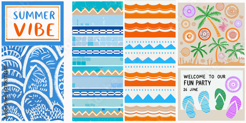 фотографія Wave pattern and tropical elements colorful vector illustration collection