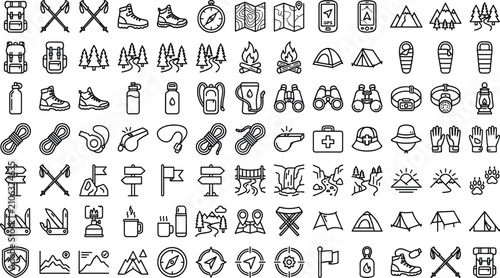 Foto Hiking and Mountain Trekking Line Icon Set with Outline Symbols for Backcountry
