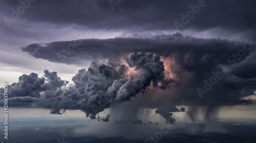 Aerial view of a powerful supercell thunderstorm with lightning flashes and intense rain shafts over a vast dark landscape during a dramatic atmospheric weather event with swirling cumulonimbus clouds