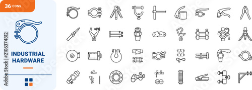 Extension pole clamp line icon set. Vector pictograms of hardware, industrial fastening, construction equipment, and tube locking elements, thin linear illustration.