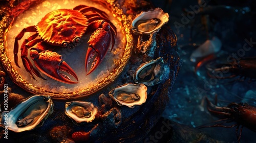 Dramatic Overhead Shot of Red Crab and Oysters on Ice