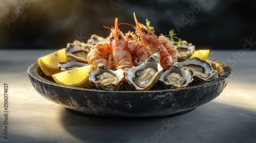 Seafood Platter with Oysters, Prawns, and Lemon Wedges in a Textured Stone Bowl