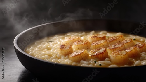 Seared Scallops atop Creamy Risotto in a Steaming Black Pan, Culinary Delight