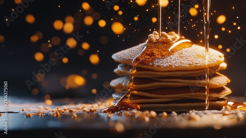 Golden Syrup Drizzling on Fluffy Pancakes with Warm Bokeh