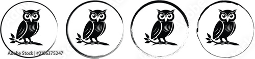 Four circular emblems featuring an owl perched on a tree branch, presented in various black border styles on a white background