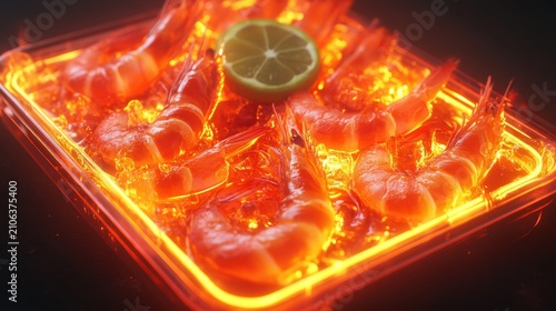 Fiery Shrimp Dish with Neon Lighting and Lime