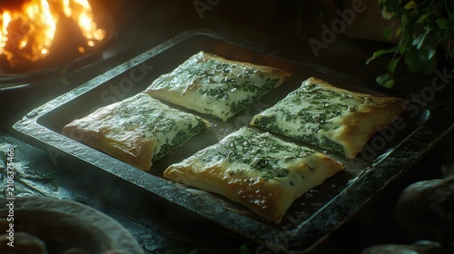 Four Spinach and Cheese Pastries on a Dark Tray, Ready to Eat