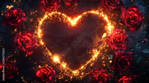 Fiery Heart of Roses in Dark Night