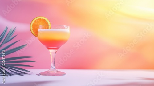 Layered cocktail with orange slice and palm leaf against a gradient pink and yellow background