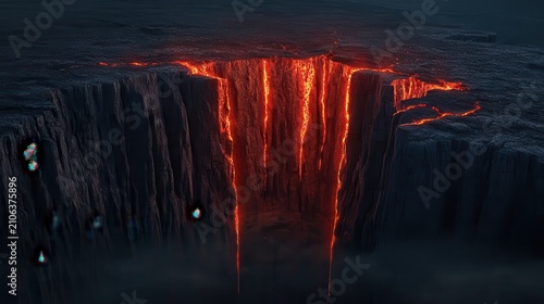 Fiery Waterfall of Molten Rock Cascading Down a Dark Cliff Face