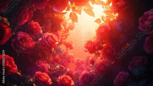 Romantic Rose Tunnel: A Dreamy, Glowing Floral Archway of Red Roses