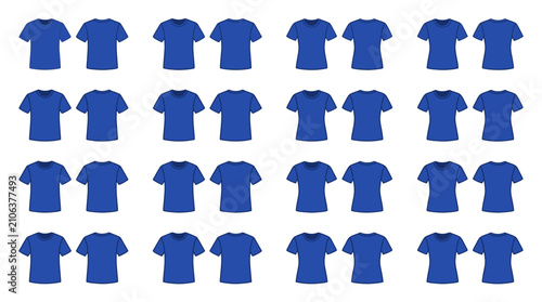 A colorful collection of twenty-four blue t-shirts arranged in neat rows on a white background