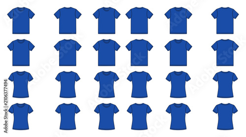 A grid of blue t-shirts displayed for fashion or retail purposes