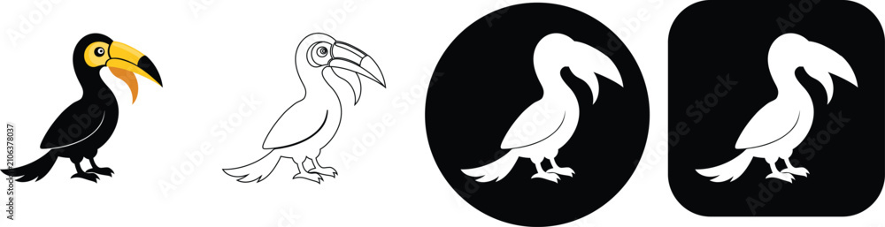 Fototapeta premium Set of four toucan featuring black and white silhouettes, outline and circular or square button variations for web