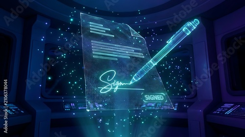 Futuristic digital contract signing with holographic pen and paper