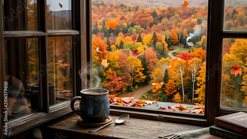 Steaming hot drink in a rustic mug by an open window overlooking a autumn forest landscape with fall foliage and falling leaves steaming landscape relaxing