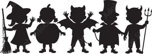 Фотография Black silhouettes of children dressed in Halloween fancy costumes to go trick or treating and celebrate Halloween party, flat cartoon vector illustration isolated on white background