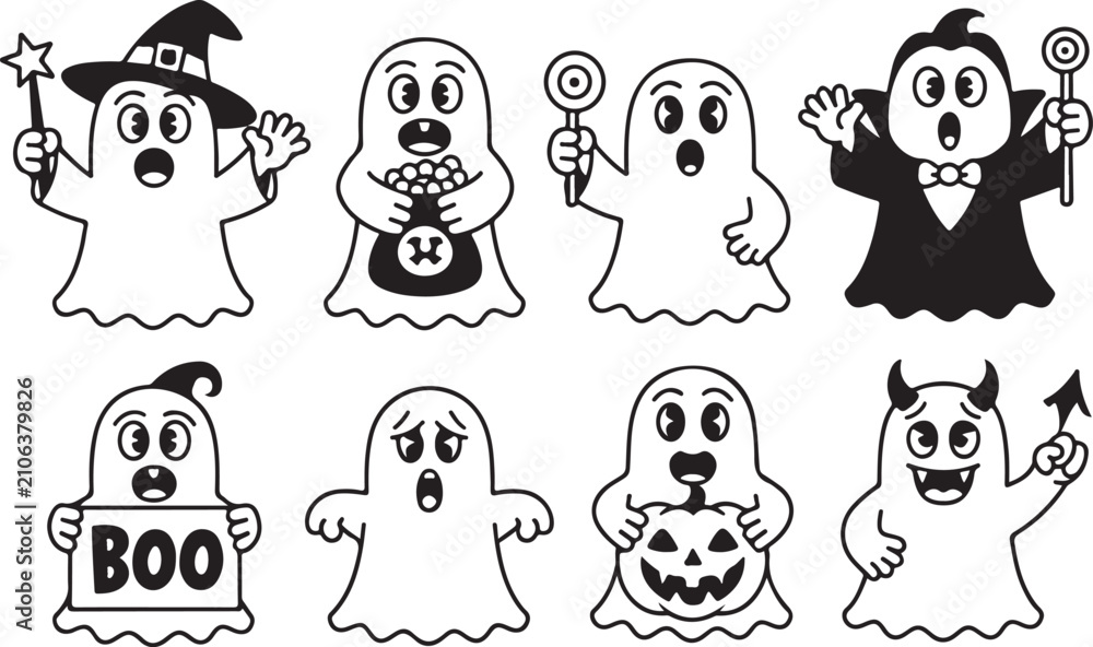 Fototapeta premium Adorable Halloween Ghost Characters in Various Costumes and Poses, Black and White.