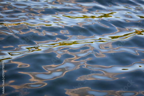 Bild auf Leinwand Curving lines of light and muted green drift across a rippled blue lake creating a dreamy abstract texture