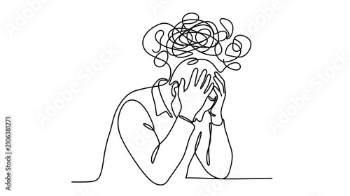Canvastavla Man's head filled with tangled thoughts, one line art