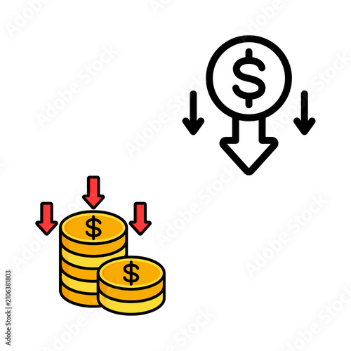 Dollar sign with descending arrows and stacked coins colorful flat icon on white background