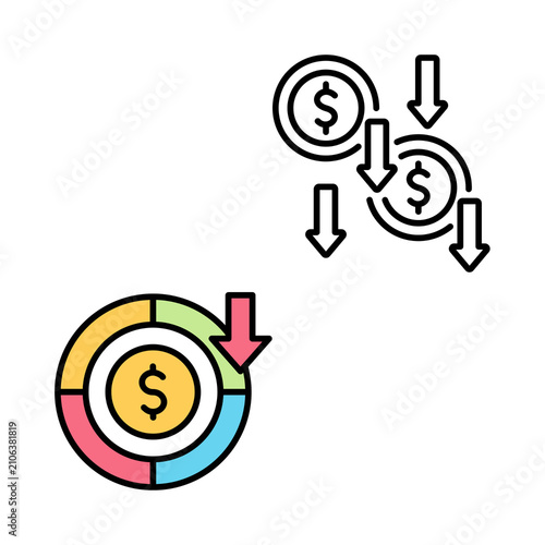 Decline in currency value icon colored line art with arrows indicating financial loss money