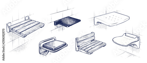Wall mounted shower seat drawing of folding bath bench set for bathroom safety and handicap accessibility design sketch vector illustration isolated on white background with different product options.