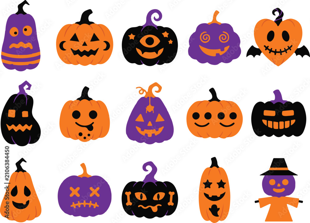 Fototapeta premium Halloween Pumpkins Flat Vector Illustration With Orange And Purple Tones