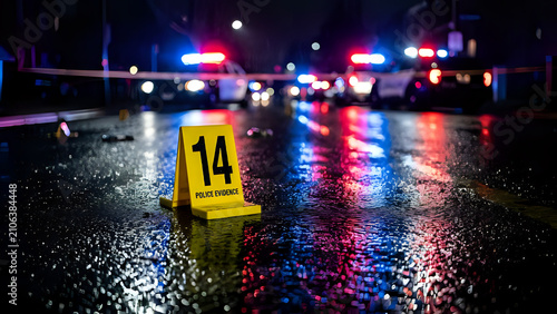 Yellow crime scene marker number 14 on wet asphalt road at night with police lights in background evidence investigation enforcement flashing incident