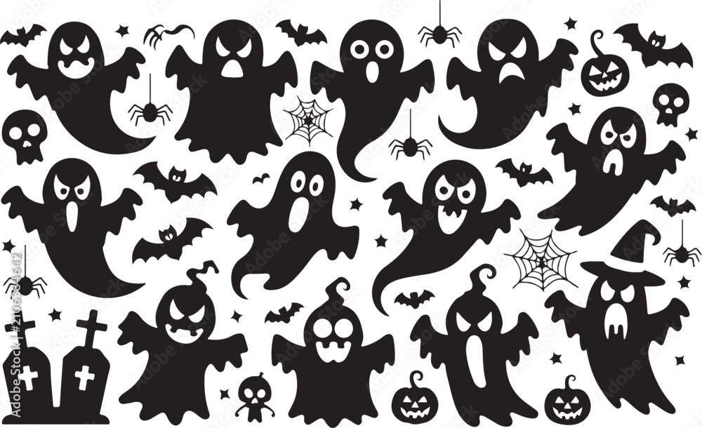 Fototapeta premium Halloween ghost clipart set vector spooky haunted silhouettes skull icons isolated on transparent background