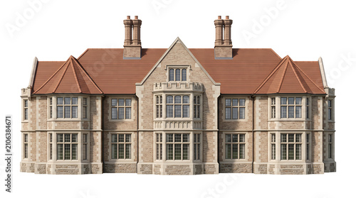 English manor house illustration isolated on transparent background with red tiled roof