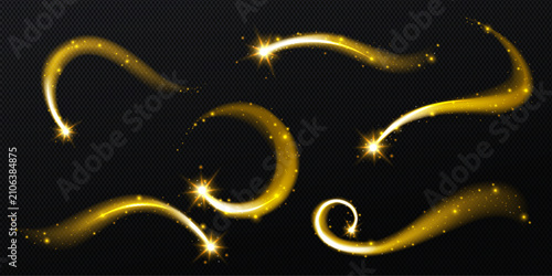 Golden light streamer effect with sparkles on transparent background