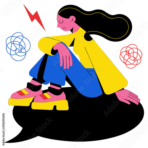 Cuadro en lienzo Depression in woman sitting on edge of abyss in form of speech bubble, as metaphor for complex conversation