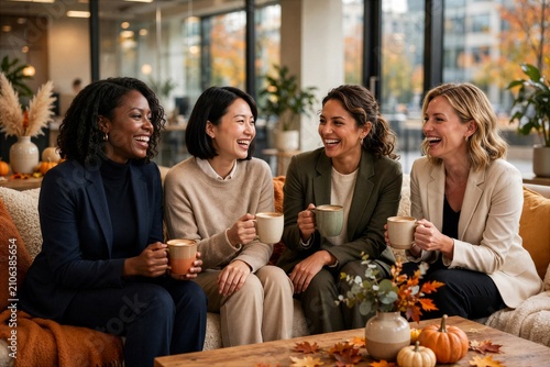 Women Colleagues Drinking Coffee in Autumn Office