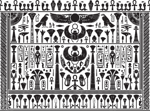 Ancient Egyptian hieroglyphics vector pattern, black and white scarab and ankh symbols, ethnic pharaonic mural art for historical backgrounds