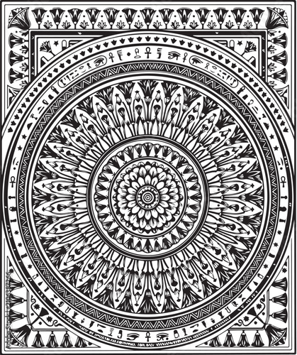 Ancient Egyptian mandala vector illustration, intricate black and white hieroglyphic pattern, decorative ethnic border with lotus and eye of horus