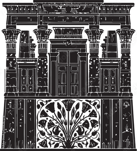 Ancient Egyptian temple facade vector, black and white architectural silhouette with lotus columns, historic pharaonic monument illustration