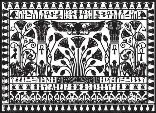 Ancient Egyptian papyrus pattern with lotus flowers and hieroglyphs, black and white ethnic vector illustration, mystic pharaoh tomb art