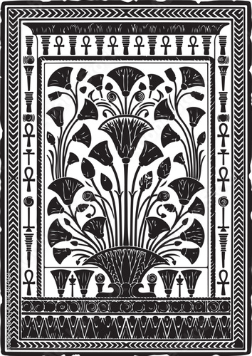 Ancient Egyptian papyrus pattern vector, black and white lotus flower ornament, ethnic floral border with ankh symbols and decorative frame