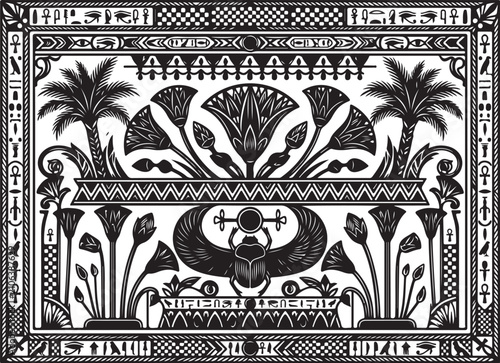 Ancient Egyptian ornament vector, black and white scarab beetle with papyrus flowers, ethnic floral border with palm trees and hieroglyphic symbols