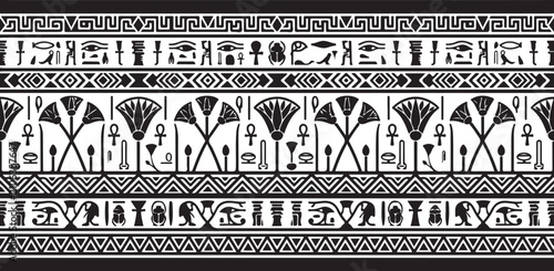 Ancient Egyptian seamless border vector, black and white ethnic pattern with hieroglyphs and lotus flowers, antique tribal ornament for frames