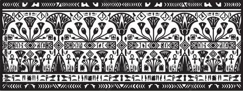 Ancient Egyptian seamless border vector, black and white ethnic floral pattern with lotus flowers and ankh symbols, traditional tribal ornament