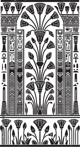 Ancient Egyptian papyrus pattern vector, ethnic floral lotus ornament with hieroglyphs, black and white tribal border design for textile and wallpaper