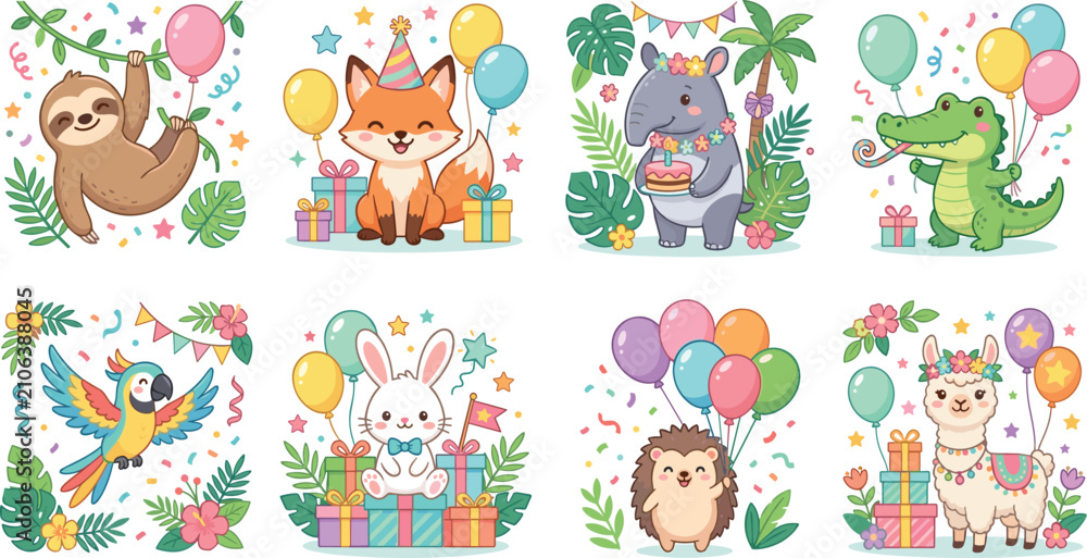 Fototapeta premium Cute Party Animal Cartoon Character Collection with Birthday Celebration and Kawaii Vector Illustration Set