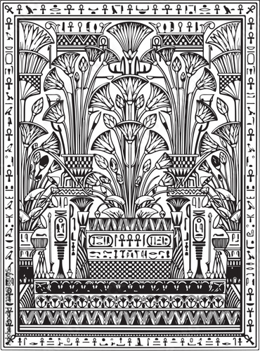 Ancient Egyptian papyrus pattern vector, black and white lotus flower illustration, ethnic floral border with hieroglyphs and ankh symbols