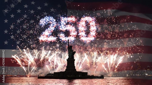 Statue of Liberty Fireworks Display Over New York Harbor with American Flag