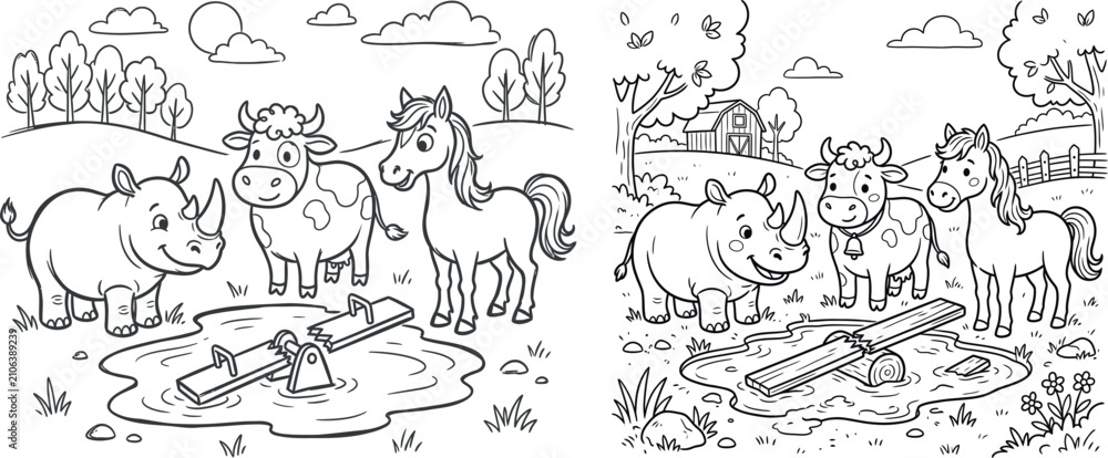 Fototapeta premium Cartoon line art coloring page of cute rhino cow and horse playing on a seesaw with playground